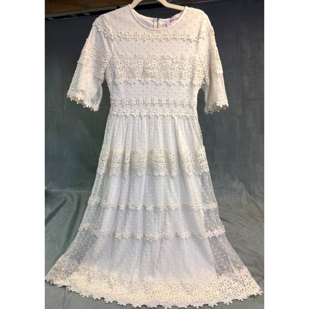 JESSAKAE Womens Ivory Tulle Lace Swiss Dot Dress Coquette Romantic Easter  S